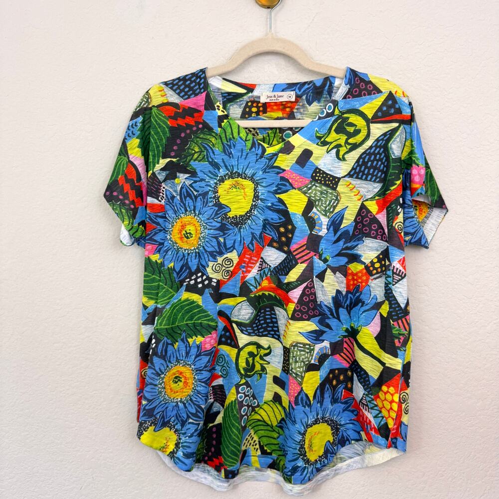 Jess & Jane Womens T Shirt Top Size M Floral Artsy Casual Fowy Blue